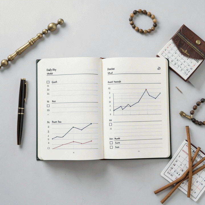 Tampilan datar (flat lay) jurnal pelacak kebiasaan ibadah Islam yang minimalis dan terstruktur, menampilkan kolom-kolom untuk mencatat jadwal salat wajib, membaca Al-Qur&rsquo;an, serta aktivitas ibadah harian lainnya.
