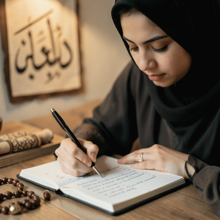Close-up yang fokus pada tangan seorang wanita muda yang sedang menulis atau merencanakan jadwal ibadahnya di jurnal estetik, melambangkan manajemen waktu spiritual dan konsistensi.