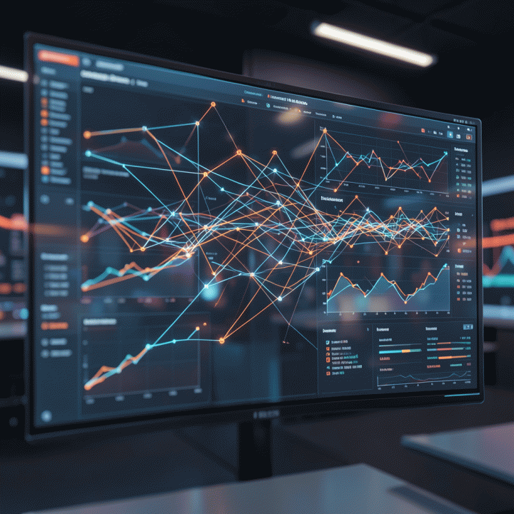 Cinematic visualization of a data marketing strategy dashboard connecting raw data points into actionable business insights.