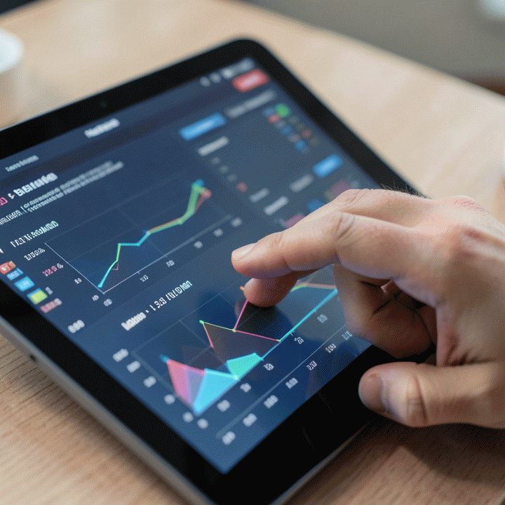 Hand interacting with a tablet showing marketing data and strategic insights.