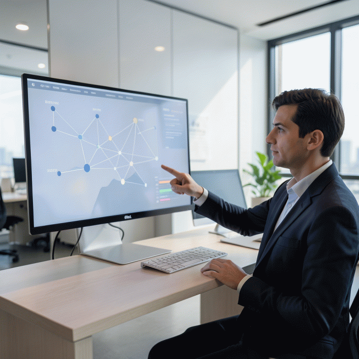 Analisis data penjualan dan inventaris yang ditampilkan secara abstrak pada layar modern di kantor ritel.