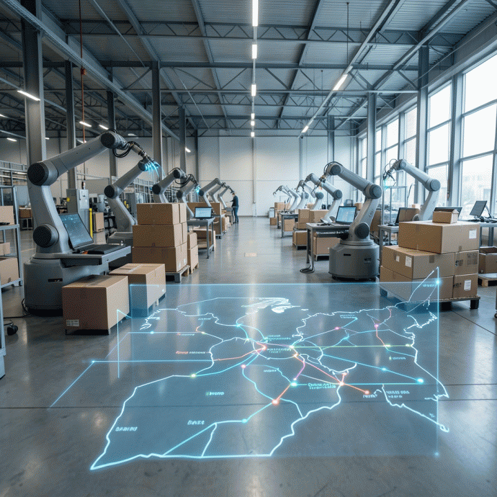 Pusat distribusi ritel otomatis dengan robotika dan visualisasi data rute pengiriman yang dioptimalkan AI.