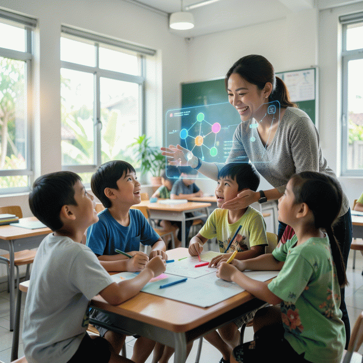Seorang guru modern di kelas tahun 2026 memfasilitasi pembelajaran kolaboratif menggunakan antarmuka hologram AI, mengubah peran dari pengajar menjadi pemandu penemuan.