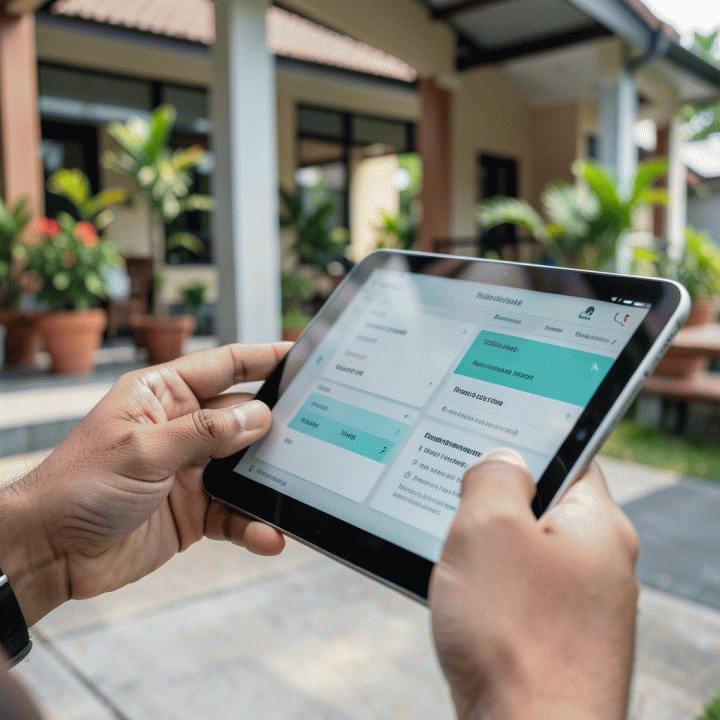 Tangan yang sedang memasukkan data kesejahteraan sosial menggunakan tablet, menunjukkan proses digitalisasi administrasi lingkungan.