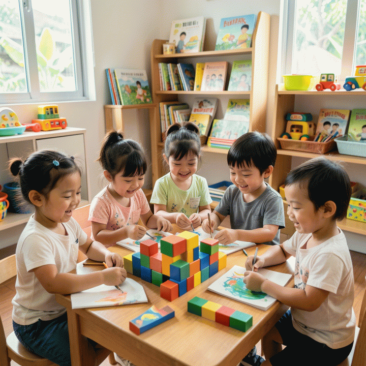 An Indonesian preschool classroom scene showing diverse, happy children engaged in hands-on learning activities, symbolizing the importance of early childhood education.