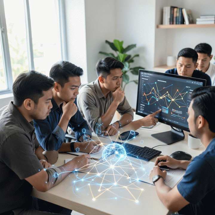 Kelompok profesional muda Indonesia berdiskusi intensif di meja modern, dikelilingi visualisasi jaringan saraf dan diagram logika abstrak, melambangkan asesmen kemampuan kognitif.