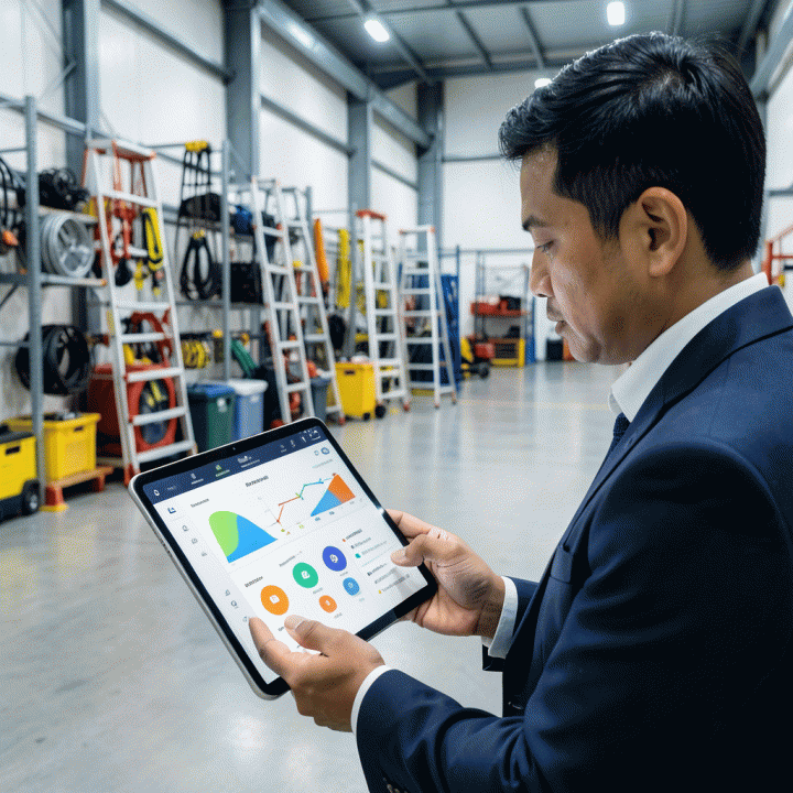 Manajer bisnis menggunakan tablet di gudang modern yang terorganisir, menunjukkan digitalisasi manajemen inventaris dan pemesanan alat sewaan.