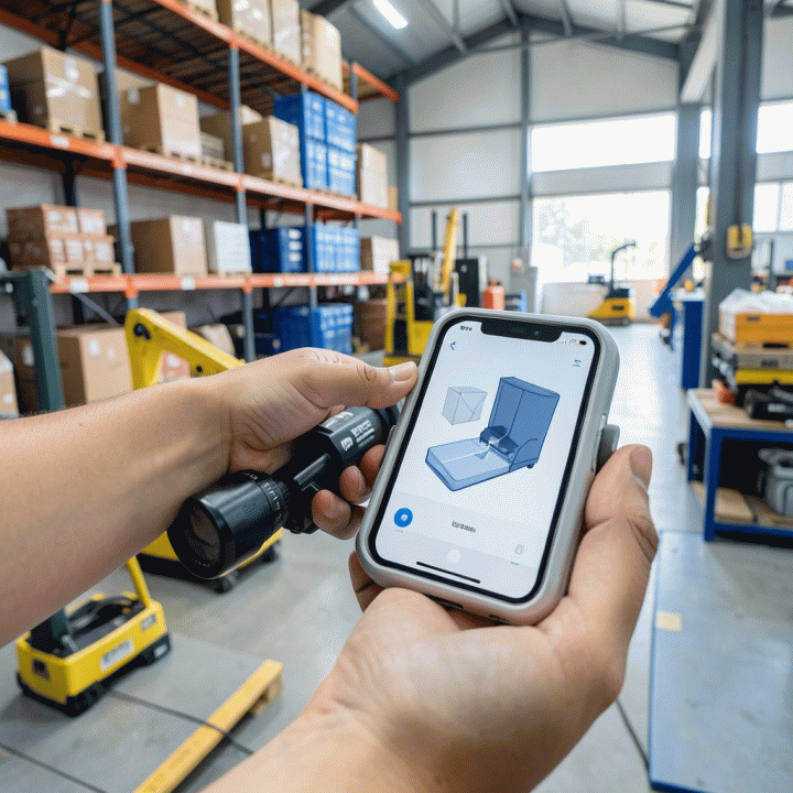 Proses pemindaian inventaris peralatan sewaan menggunakan perangkat digital di gudang yang rapi.