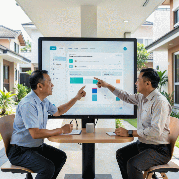 Pengurus RT/RW dan pengelola komunitas berdiskusi di ruang pertemuan modern, melihat dashboard digital yang menunjukkan data keuangan dan administrasi lingkungan yang transparan.