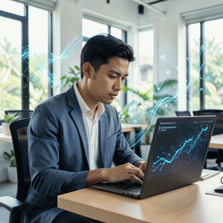 Seorang profesional muda Indonesia yang percaya diri bekerja di co-working space modern, dikelilingi oleh visualisasi data digital yang melambangkan pertumbuhan ide menjadi bisnis yang menguntungkan.