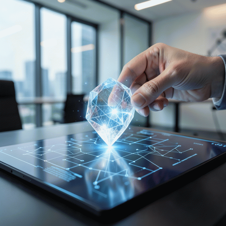 Tangan founder yang menempatkan kristal ide abstrak ke platform digital futuristik, melambangkan proses otomatisasi ide menjadi rencana bisnis.