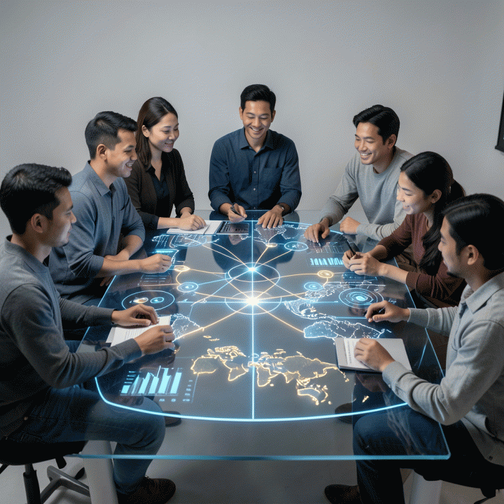 Kelompok kreator digital Indonesia berkolaborasi di meja holografik, menganalisis data tren dan metrik audiens untuk merencanakan konten yang menguntungkan.