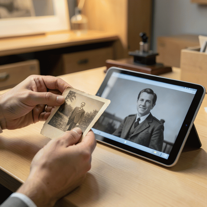 Tangan merawat foto bersejarah berwarna sepia di samping tablet digital yang menampilkan hasil restorasi foto berkualitas tinggi.