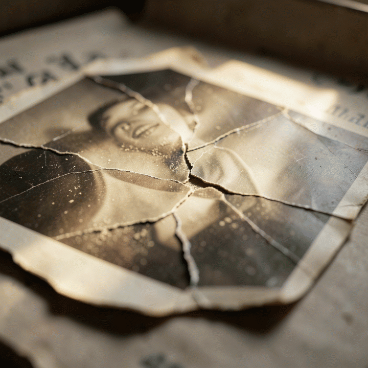 Foto makro detail dari foto vintage yang rusak, menekankan kebutuhan restorasi.