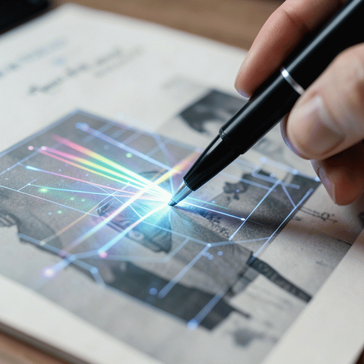 Ilustrasi teknologi AI yang sedang memperbaiki detail pada foto arsip menggunakan antarmuka digital futuristik.