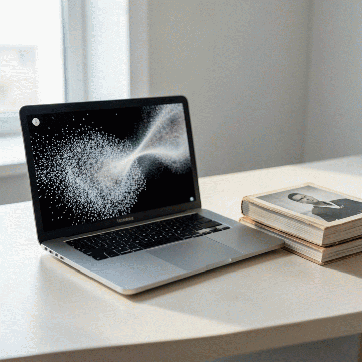 Penggunaan AI pada laptop untuk memulihkan foto arsip lama di lingkungan kerja modern.