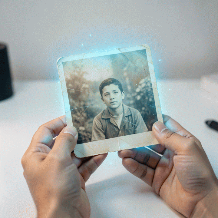 Tangan yang memegang foto arsip lama yang buram, diselimuti cahaya AI futuristik yang sedang memulihkan detail foto menjadi tajam dan berwarna.