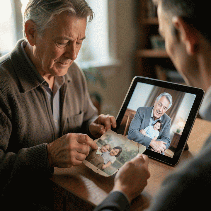 Seseorang sedang membandingkan foto lama yang rusak dengan hasil restorasi digital yang jernih, menunjukkan penggunaan AI untuk arsip foto.