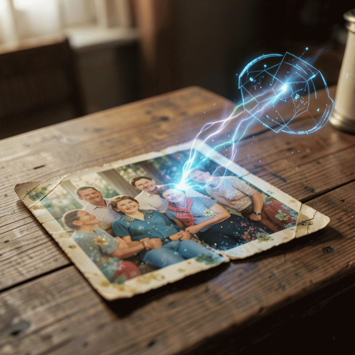Visualisasi restorasi foto lama yang rusak dan berjamur menggunakan teknologi AI, di mana foto pudar berubah menjadi gambar yang jernih dan berwarna cerah.
