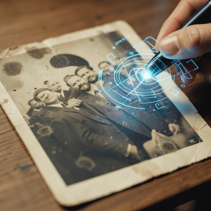 Proses restorasi foto lama yang berjamur dan rusak menggunakan teknologi AI, fokus pada penghilangan noda dan pemulihan warna.