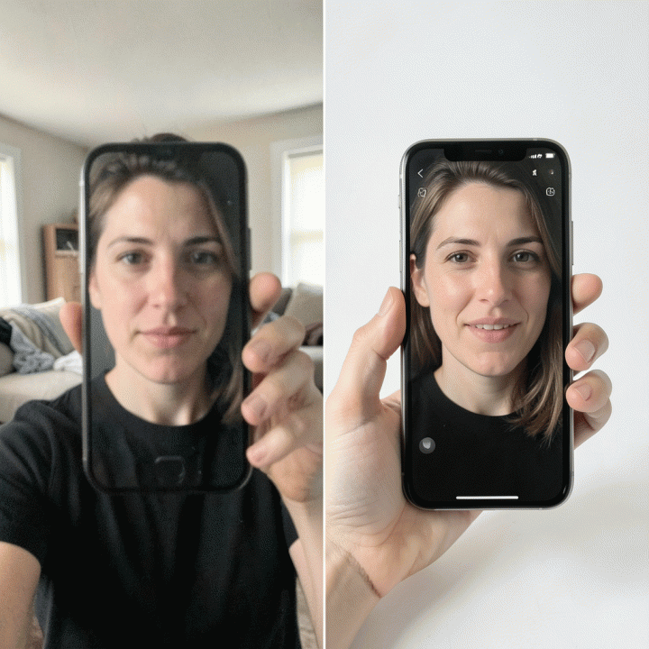 Perbandingan sebelum dan sesudah perbaikan foto produk dengan AI: Sisi kiri menunjukkan foto buram HP, sisi kanan menunjukkan hasil yang tajam dan profesional.