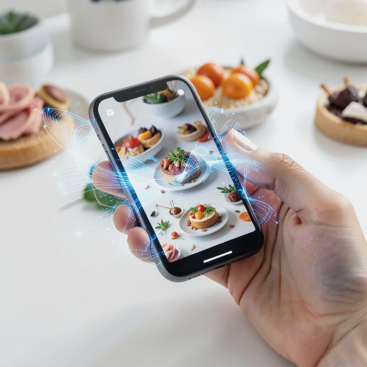 Visualisasi perbaikan foto produk e-commerce menggunakan AI: Sebuah ponsel mengambil foto kerajinan tangan di atas meja bersih, dan dari lensa terlihat data digital bercahaya yang secara ajaib mempertajam serta meningkatkan resolusi gambar menjadi kualitas premium.
