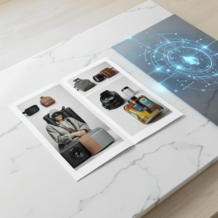 Tumpukan foto produk e-commerce berkualitas tinggi yang dicetak profesional, menunjukkan hasil akhir setelah diperbaiki resolusinya menggunakan teknologi AI, siap untuk iklan digital.