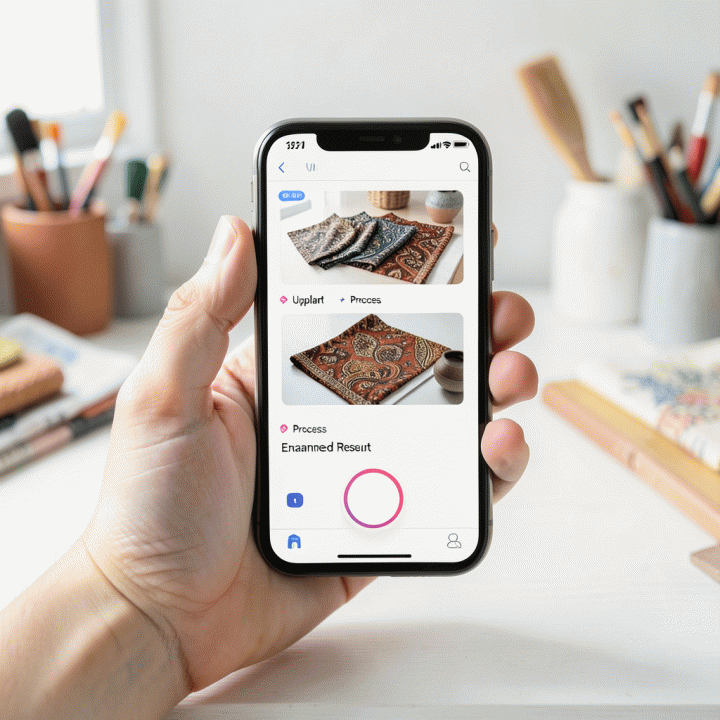 Visualisasi langkah-langkah memperbaiki foto produk e-commerce menggunakan aplikasi AI di ponsel, menunjukkan transformasi dari gambar buram menjadi tajam dan berkualitas tinggi.