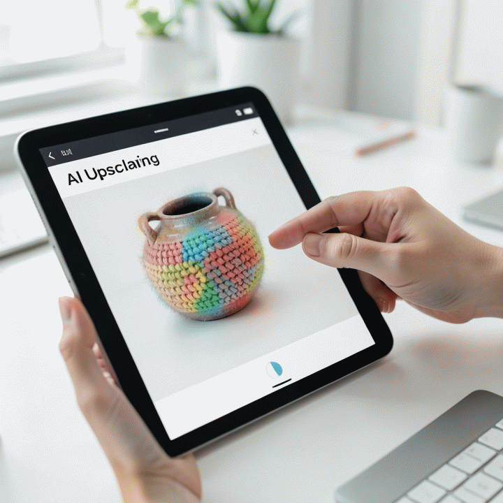 Tangan yang menggunakan tablet untuk menunjukkan proses peningkatan kualitas foto produk e-commerce yang buram menjadi tajam dan profesional menggunakan AI.