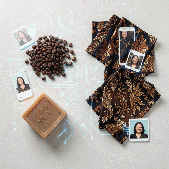 Komposisi flat lay produk e-commerce Indonesia yang telah ditingkatkan kualitasnya, menunjukkan peningkatan detail dan profesionalisme visual setelah melalui proses upscaling AI.