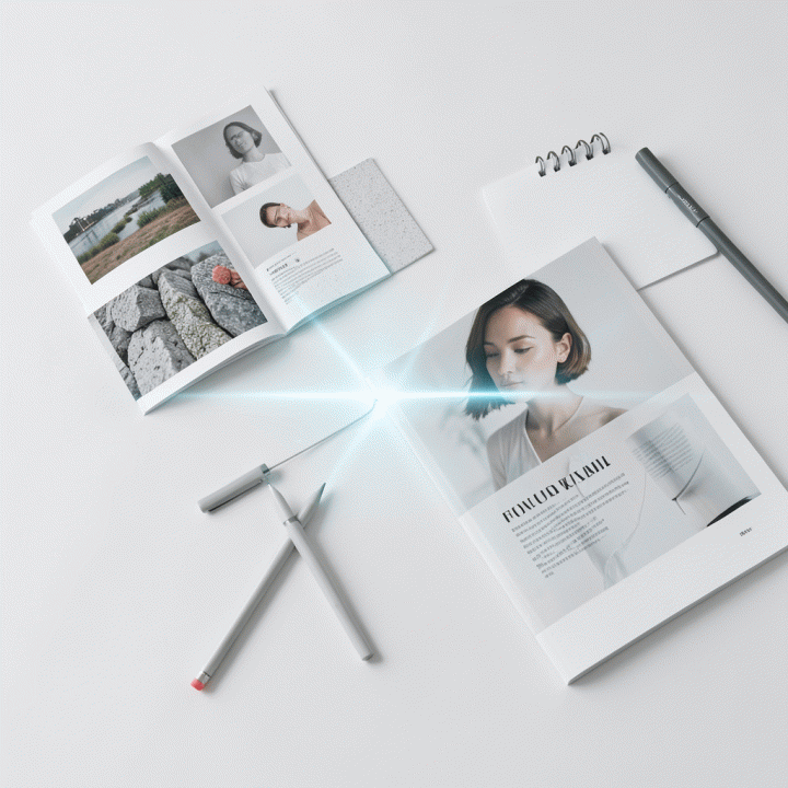 Komposisi flat lay yang menampilkan kumpulan foto produk resolusi rendah dan berbagai alat digital, dengan fokus pada satu hasil foto akhir yang sempurna dan profesional.