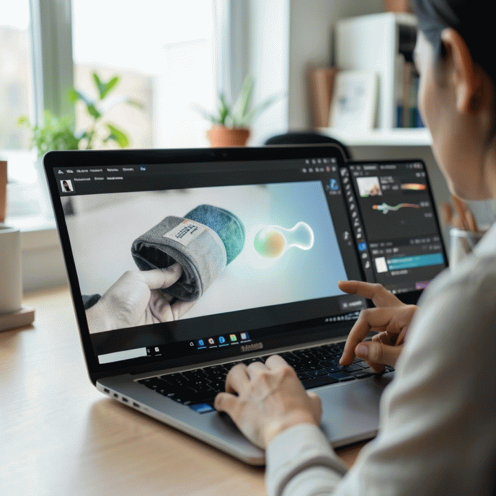 Tangan pengguna yang sedang bekerja di laptop, menunjukkan proses transformasi foto produk berkualitas rendah menjadi profesional menggunakan alat AI.