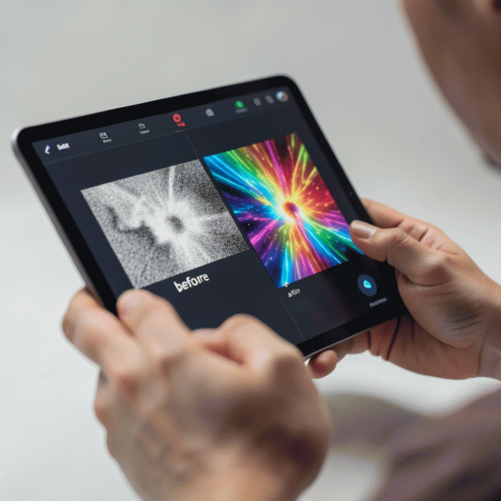 Tangan seseorang yang sedang menggunakan perangkat digital untuk memproses dan meningkatkan kualitas foto produk dari resolusi rendah menjadi sangat jernih dan profesional.