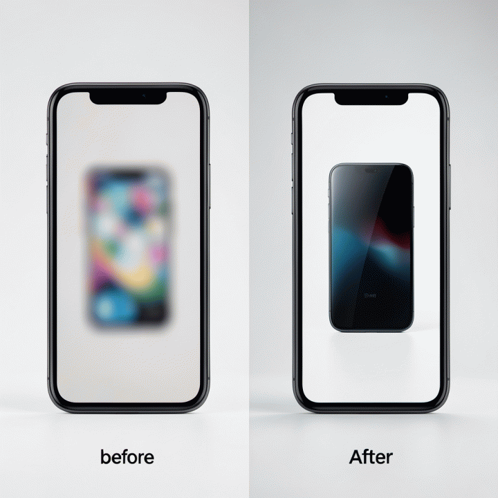 Perbandingan foto produk HP yang buram dan resolusi rendah (sebelum) di sebelah kiri, dan foto yang sama yang telah diperbaiki menjadi sangat jernih dan profesional (sesudah) di layar smartphone, dalam suasana studio e-commerce.