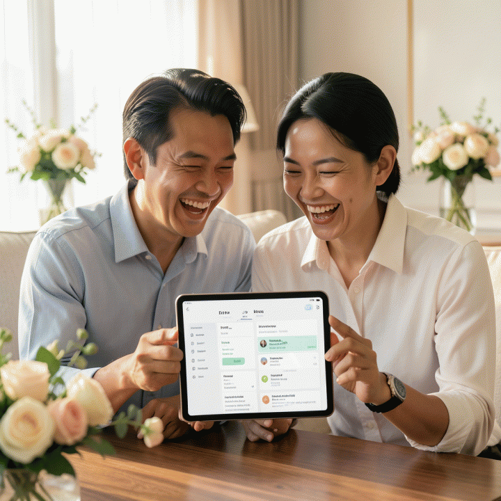 Pasangan pengantin modern Indonesia yang bahagia melihat rencana pernikahan terorganisir di tablet, menunjukkan kemudahan perencanaan budget, daftar tamu, dan vendor.