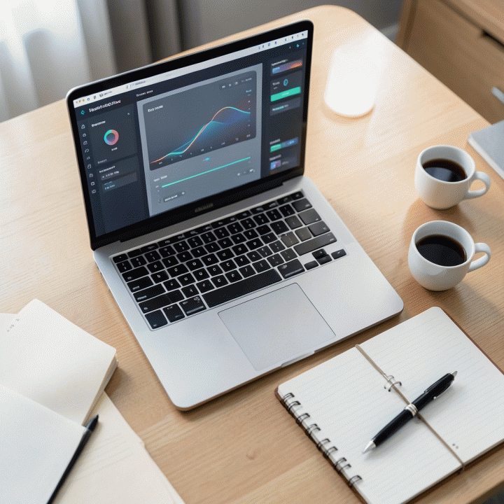 Meja kerja yang terorganisir dengan laptop dan buku catatan, melambangkan manajemen perencanaan pernikahan yang terpusat dan efisien.