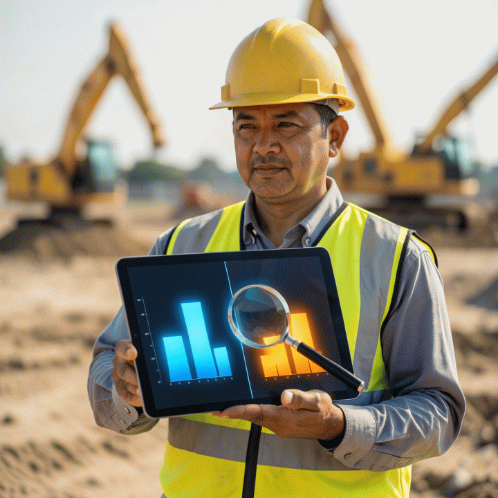 Seorang kontraktor profesional Indonesia di lokasi proyek konstruksi memegang tablet digital yang menampilkan perbandingan abstrak anggaran dan realisasi biaya dalam bentuk grafik batang, dengan latar belakang mesin konstruksi yang buram.