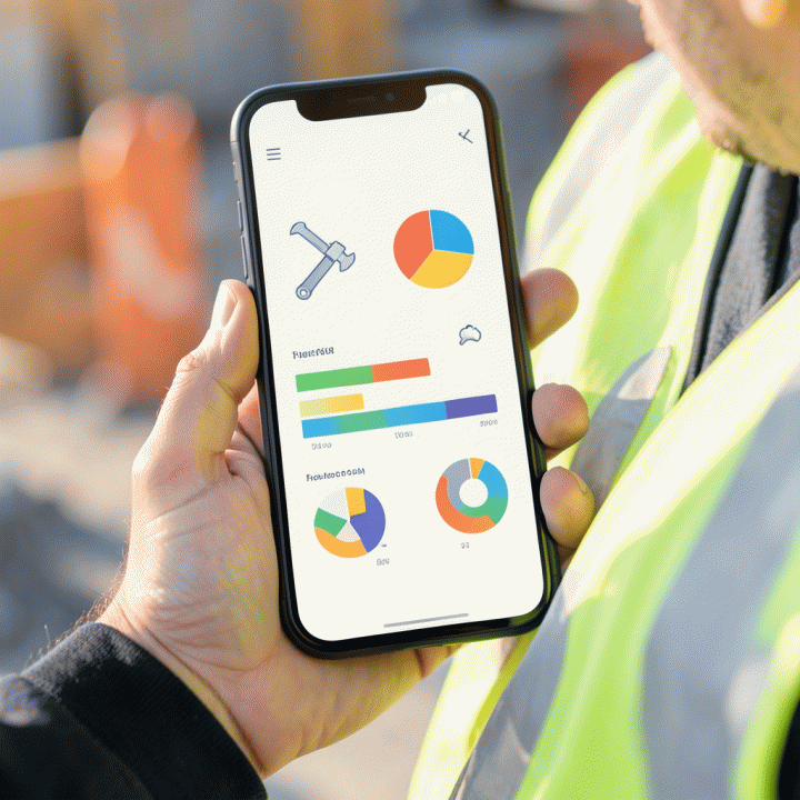 Tampilan close-up smartphone yang menampilkan dasbor manajemen proyek abstrak dengan grafik batang kemajuan, diagram lingkaran, dan ikon konstruksi sederhana, dipegang oleh supervisor konstruksi.