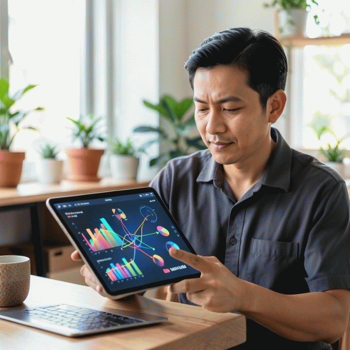 Pemilik UMKM Indonesia menganalisis grafik keuangan yang kompleks di tablet, membandingkan berbagai metode penetapan harga.