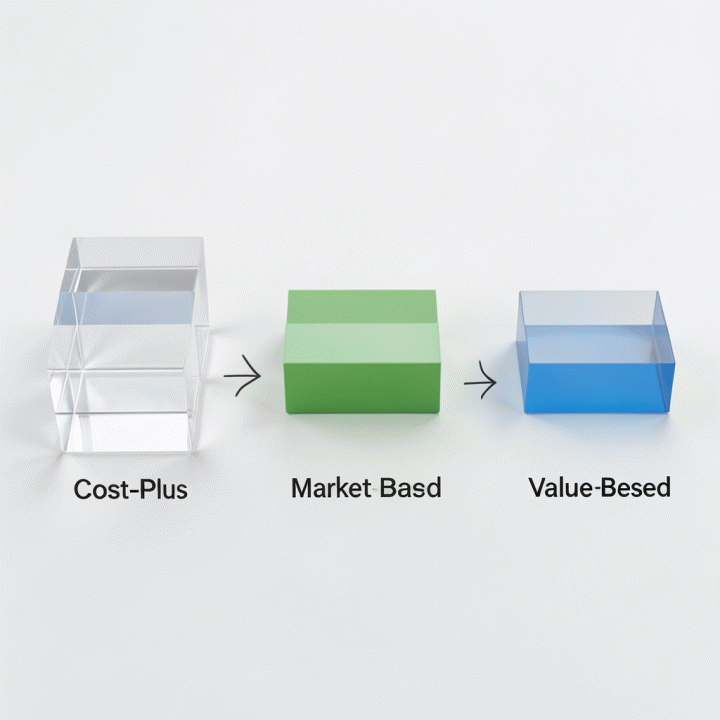 Perbandingan visual tiga metode penetapan harga (Cost-Plus, Market-Based, Value-Based) dalam format diagram yang mudah dipahami.