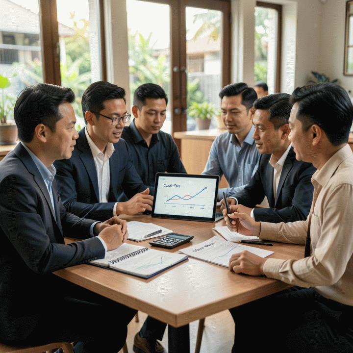 Kelompok pemilik bisnis F&B Indonesia sedang berdiskusi intensif mengenai perbandingan model penentuan harga Cost-Plus dan Value-Based Pricing di atas meja kafe yang modern.