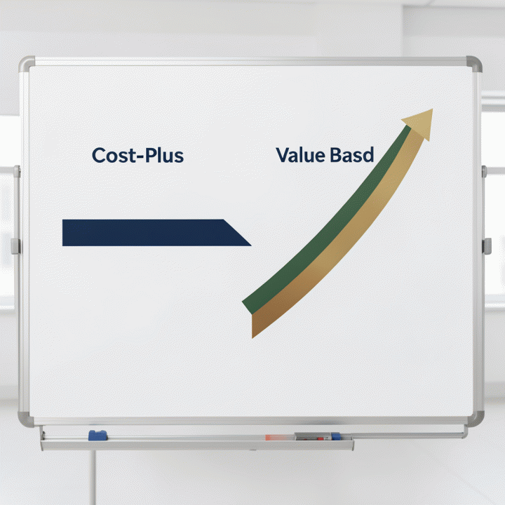 Infografis perbandingan visual antara dua model penetapan harga: Cost-Plus (linear) dan Value-Based (kurva nilai).