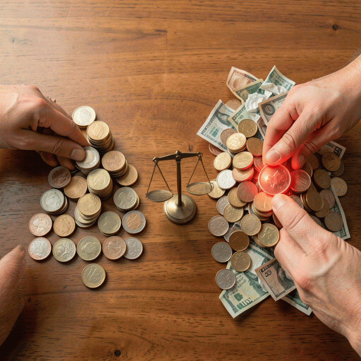 Perbandingan strategi pelunasan utang Debt Snowball dan Debt Avalanche: tangan kiri mengambil koin terkecil dari tumpukan piramida, tangan kanan menggapai koin bercahaya merah di atas tumpukan berantakan.