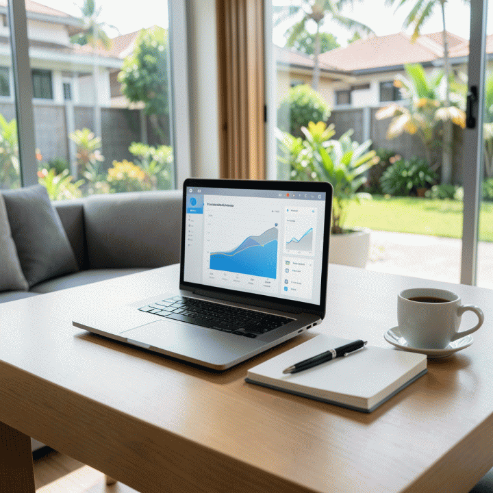 Pengurus komunitas sedang menggunakan laptop modern yang menampilkan dashboard manajemen lingkungan digital yang bersih dan terorganisir di ruang tamu perumahan modern Indonesia.