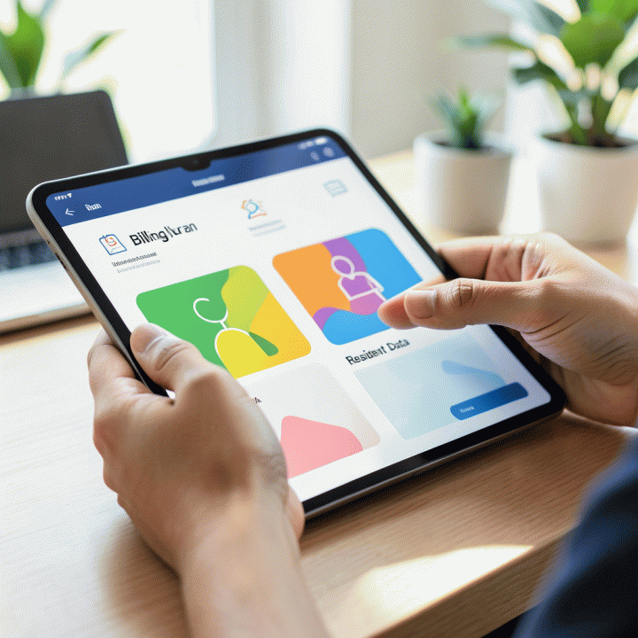 Tangan seseorang menggunakan tablet untuk mengelola data iuran dan data penghuni dalam sistem administrasi komunitas yang digital.