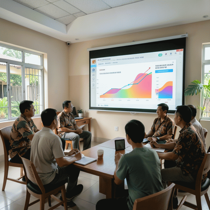 Rapat komunitas yang transparan di ruang pertemuan, menampilkan data visualisasi manajemen lingkungan di layar besar.