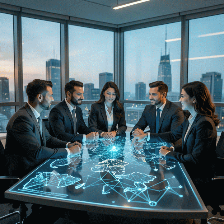 Tim profesional bisnis di ruang rapat modern yang berinteraksi dengan peta holografik global yang menunjukkan perbandingan data geografis (GIS) dan pola jaringan AI untuk menentukan strategi ekspansi pasar yang optimal.