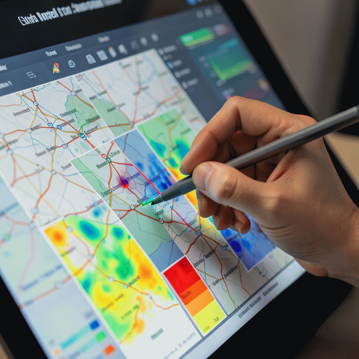 Penggunaan peta digital interaktif di permukaan transparan yang menampilkan lapisan-lapisan data geografis kompleks untuk validasi situs atau potensi pasar.