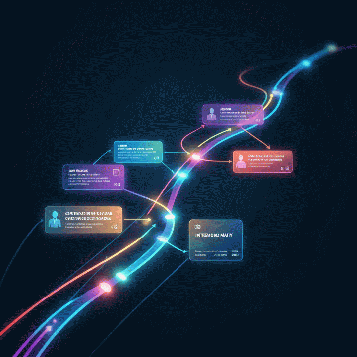 Peta jalur karir abstrak yang menghubungkan berbagai platform pekerjaan untuk memvisualisasikan strategi pencarian kerja.