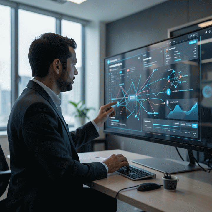 Seorang profesional sedang menganalisis data visualisasi platform pencarian kerja dan metrik konversi lamaran pada layar holografik, menekankan strategi karir.
